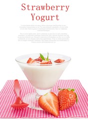 Strawberry yogurt dessert on a white background with copy space