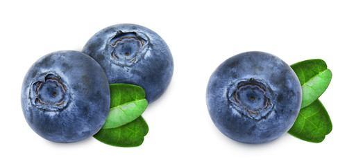 Set of blueberries with leaves isolated on white background