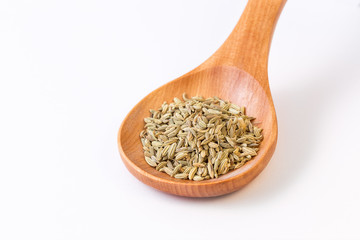 Fennel seeds in a wooden spoon - closeup