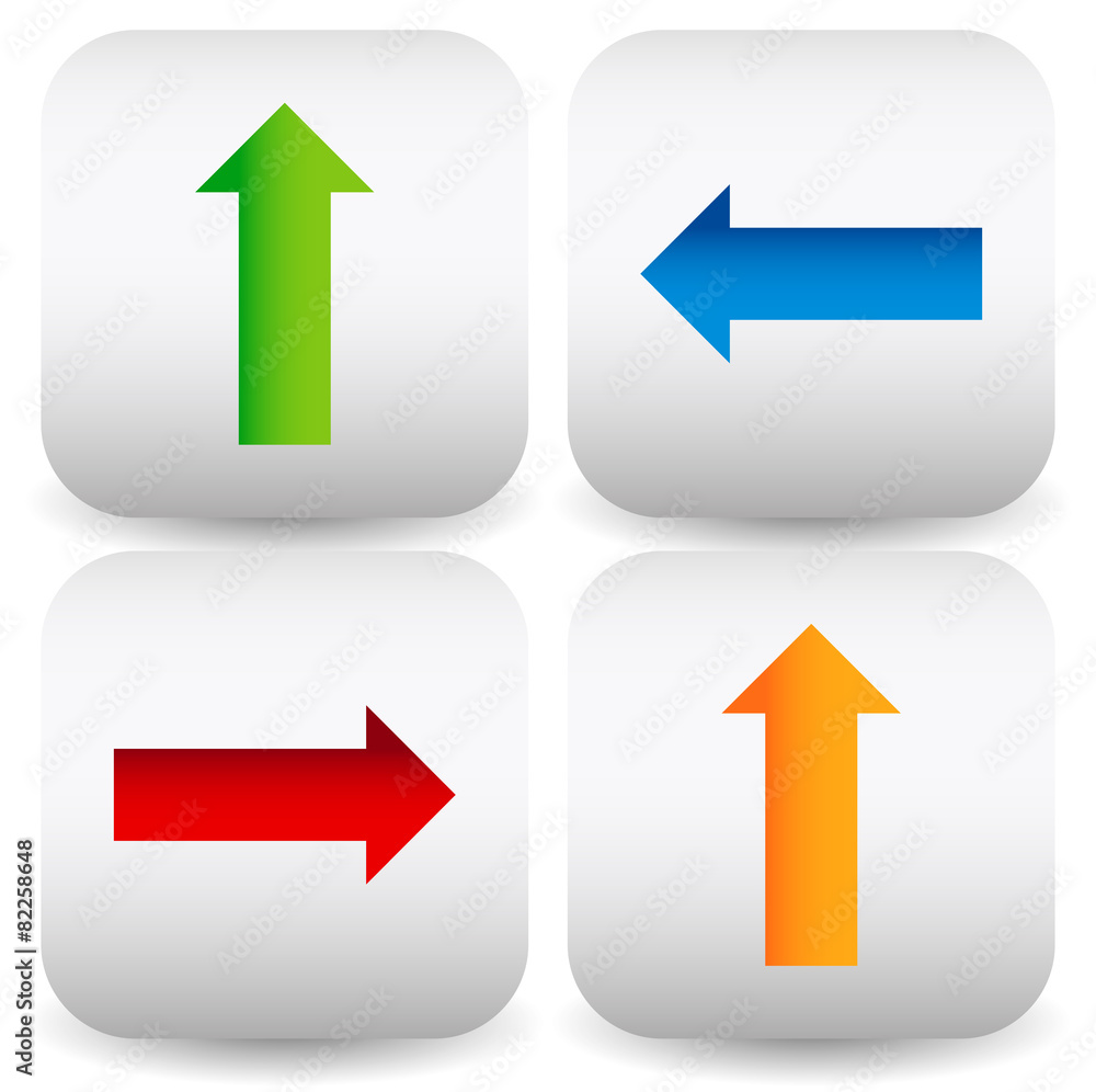 Poster Set of Rounded square icons with colorful arrows in up, down, le
