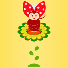 Green Flower Illustration on Yelllow Background, Ladybug Vector