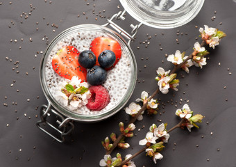 Chia pudding dessert with berries