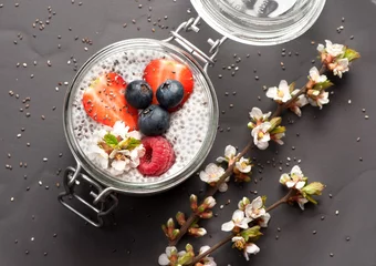 Rolgordijnen Chia pudding dessert with berries © Rozmarina
