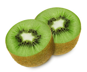 Juicy kiwi sliced to two sections isolated on white background