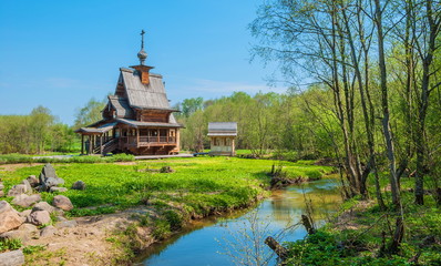 Wooden church on holy spring "Gremyachiy key" in Moscow region
