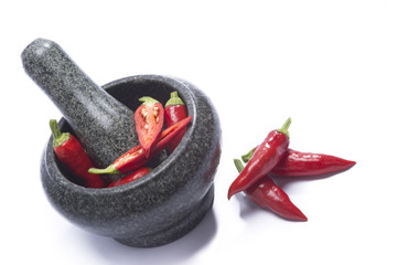 hot pepper mix in mortar and pestle on white background