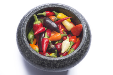 hot pepper mix in mortar on white background