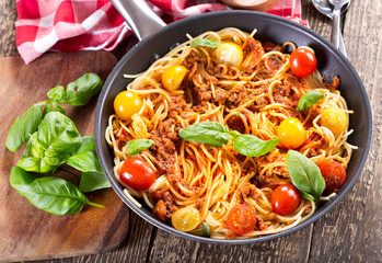 pan with spaghetti  bolognese