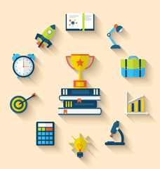 Flat icons of graduation and objects for high school and college