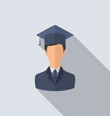 Flat icon of male graduate in graduation hat, minimal style with