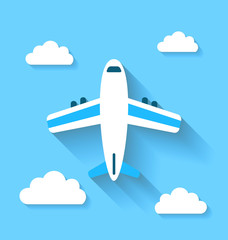 Simple icons of plane and clouds with long shadows, modern flat