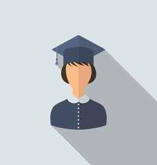 Flat icon of female graduate in graduation hat, simple style wit