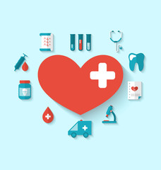 Collection modern flat icons of hearts and medical elements, sim