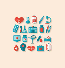 Collection trendy flat icons of medical elements and objects