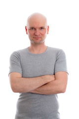 man with bald head in gray shirt