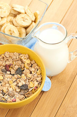 Delicious and healthy cereal in bowl with milk