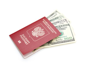 Russian passport with American dollars