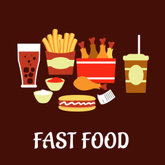 Fast food snacks and drinks set in flat style