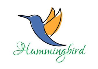 Abstract blue and orange doodle sketch of hummingbird