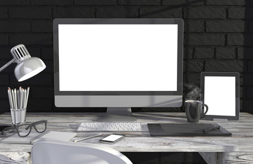 Fototapeta premium 3D illustration PC screen on table near brick wall Workspace