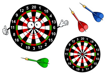 Cartoon dartboard target character with colorful darts