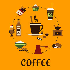 Coffee drinks and desserts flat icons