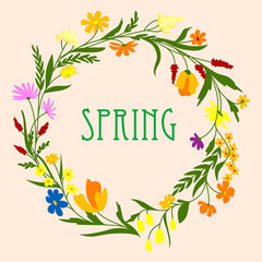 Greeting card template with spring wildflowers wreath