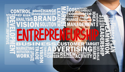 Entrepreneurship with related word cloud handwritten by business