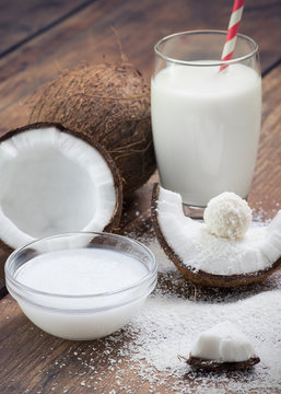 coconut oil, grounded coconut flakes,  milk and  sweets