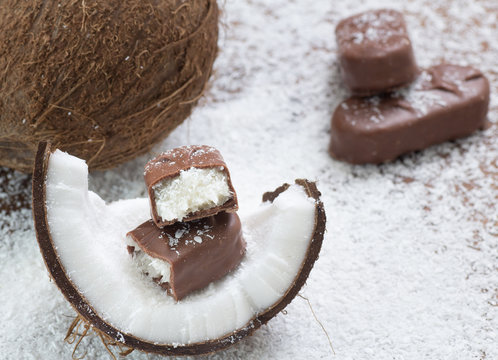 chocolate bar with coconut filling. Shallow dof