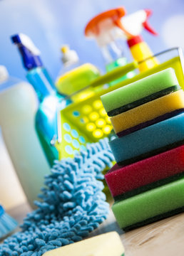 Variety of cleaning products, home work colorful theme