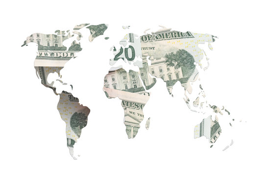 World Map Made With Torn Dollar Bills Isolated On White.