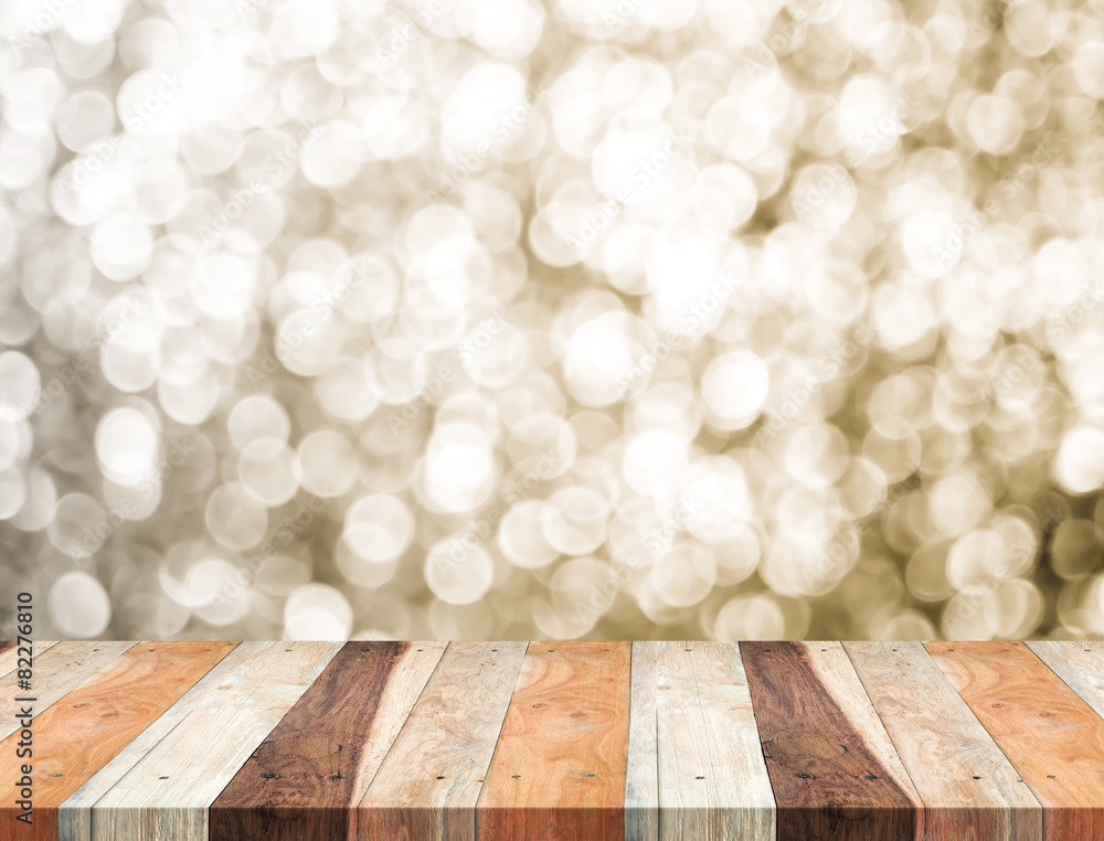 Poster Empty perspective table with sparkling bokeh wall,Template mock