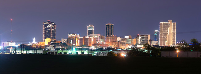 Fototapeta na wymiar Fort Worth Texas Downtown Skyline Trinity River Late Night