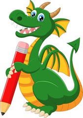 Fototapeta premium Cartoon green dragon holding red pencil