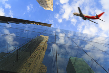 Modern city Shanghai and aircraft