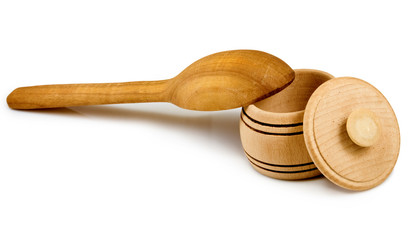 wooden spoon and a bowl on a white background