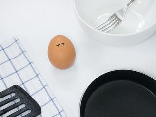 Sadness emotion of egg with pan on white background