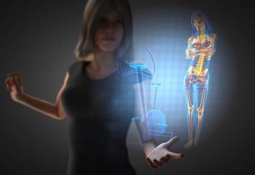 woman and hologram with gym room