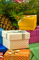 isolated image of gift boxes on a Christmas tree background