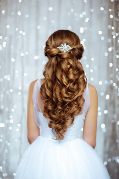 Beautiful Hair of Bride in Lights. Fashion Dress and Coiffure