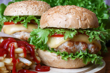 fast food Hamburger Burger Cheeseburger, fried potato and ketchu