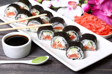 Japanese sushi rolls with salmon and tofu