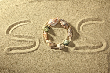 Fototapeta na wymiar SOS words written on the sand of the beach