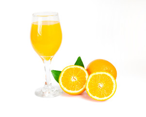 orange juice with orange slice and leaf, isolate on white with c