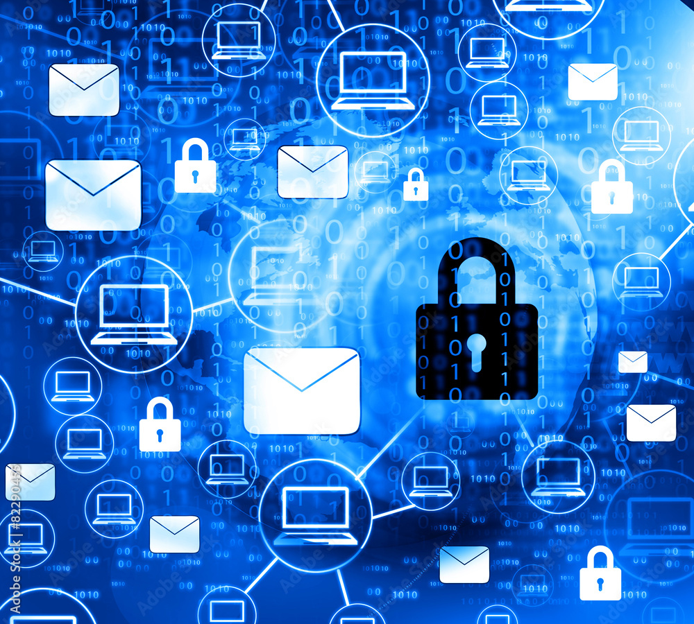 Poster internet security concept, computer network with pad lock