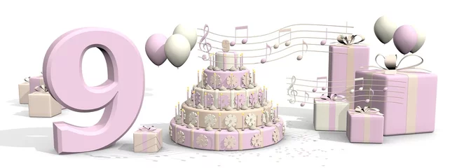Foto op Plexiglas Roze cadeaus pakjes en muziek voor negenjarig meisje © emieldelange