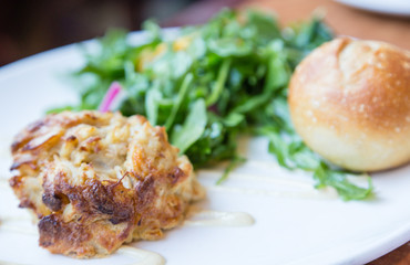 Crabcake Salad and Roll in Window Light