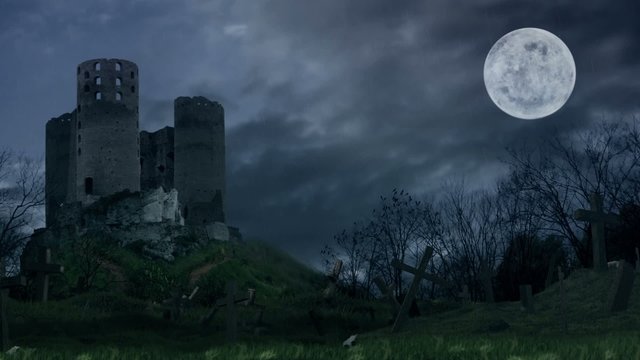 Dark castle on hill during the storm.