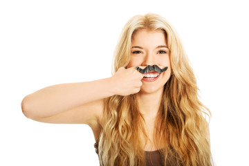 Blonde student with mustache 